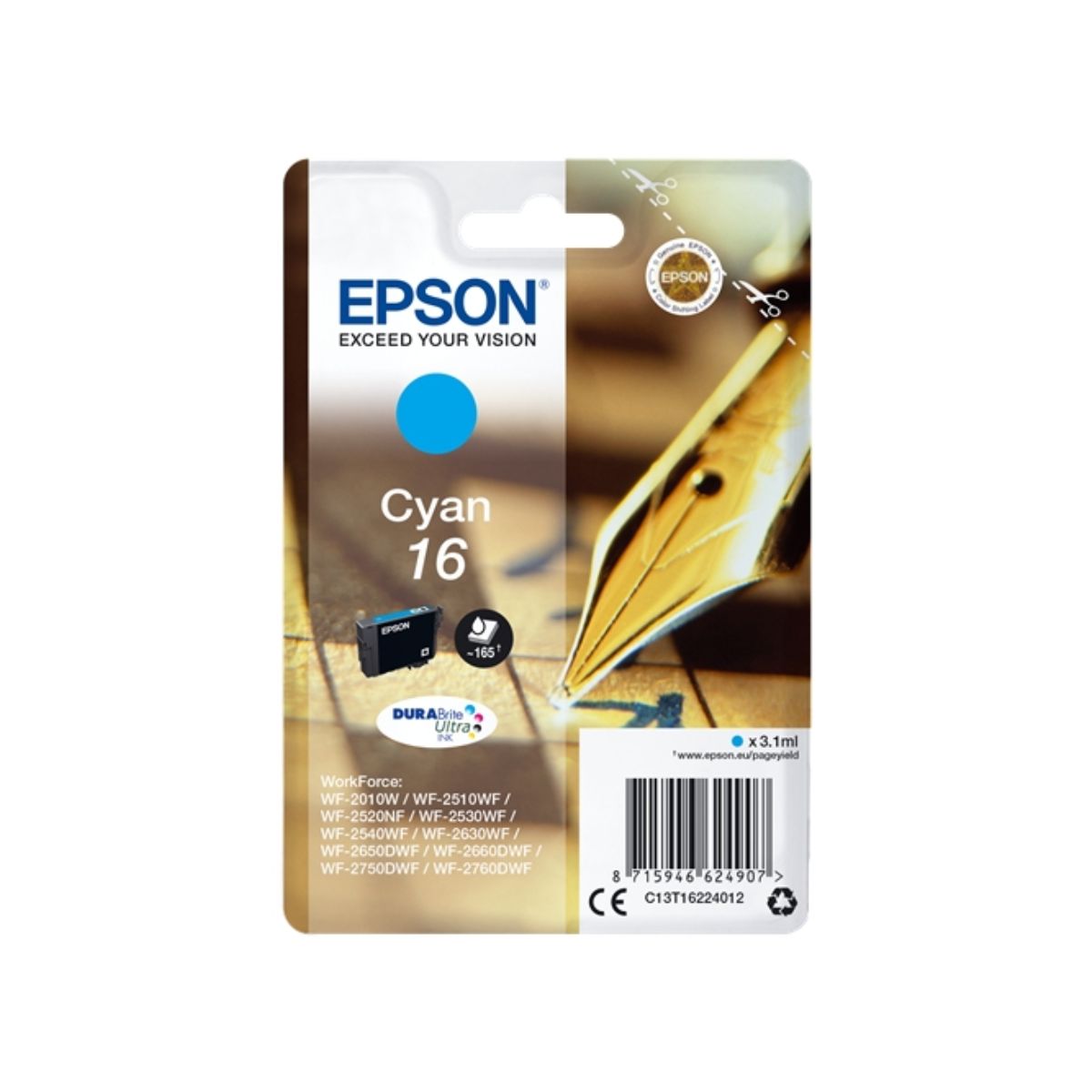 Cartouche Jet d'encre de Marque Epson T1622 Cyan N°16 (Single Pack) (DURABRITE Ultra Ink)(3.1ml/165pages)