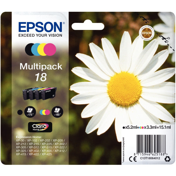 Pack de 4 Cartouches Jet d'encre de Marque Epson T18064BKCMY Home Série 18 Black, Cyan, Magenta, Jaune (5,2ml+3x3,3ml/715pages) (Serie Paquerette)
