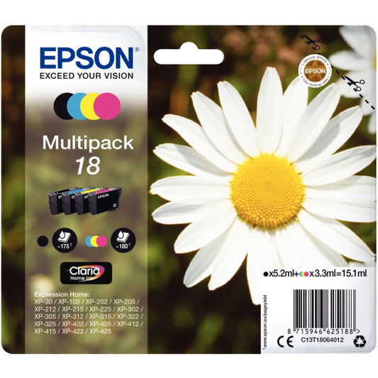 Pack de 4 Cartouches Jet d'encre de Marque Epson T18064BKCMY Home Série 18 Black, Cyan, Magenta, Jaune (5,2ml+3x3,3ml/715pages) (Serie Paquerette)