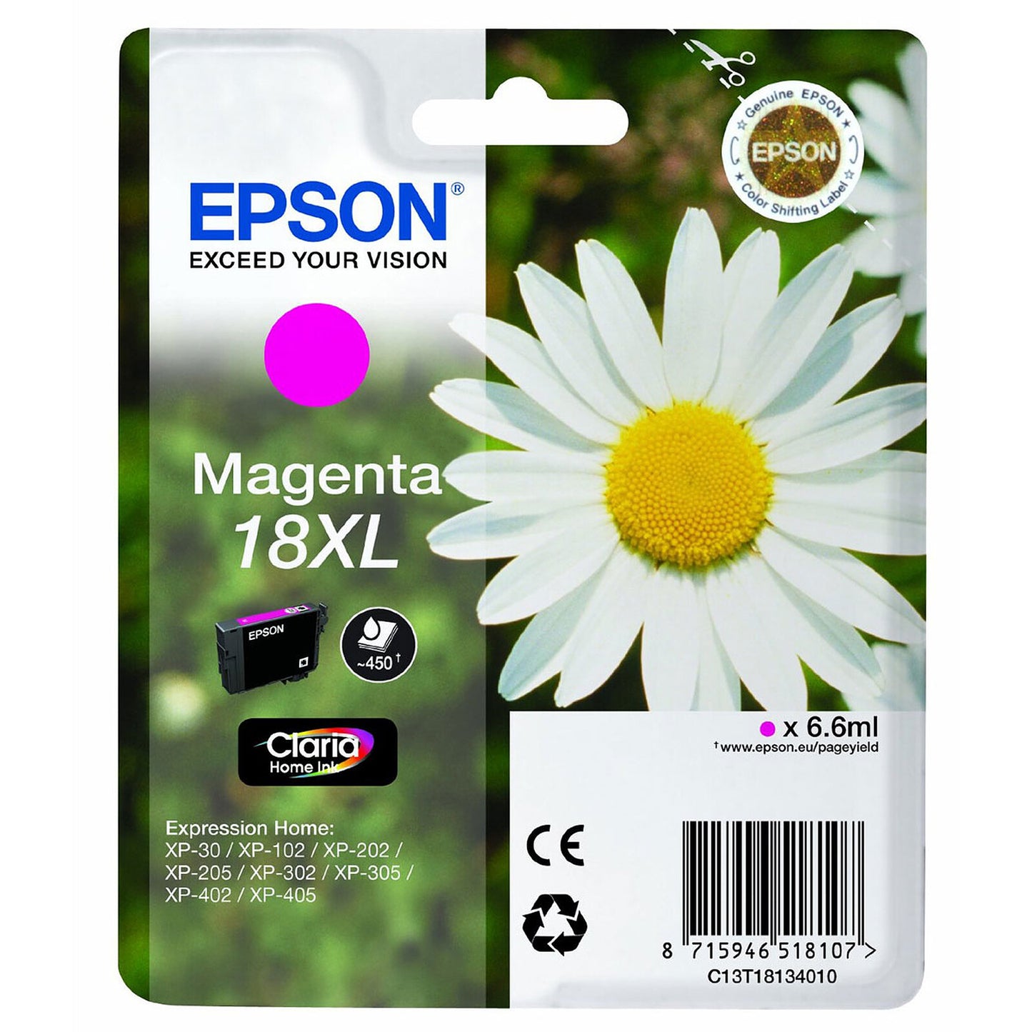 Cartouche Jet d'encre de Marque Epson T1813 Magenta Home Série 18XL (6,6ml/450pages)