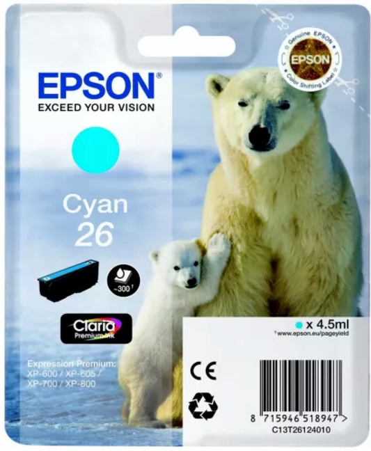 Cartouche Jet d'encre de Marque Epson T2612 Cyan N°26 (Single Pack ) ( Premium Ink)(4.5ml/300pages)