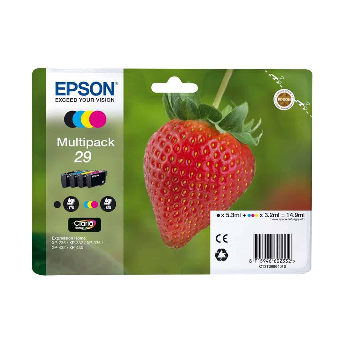 MULTIPACK de 4 Cartouches d'encre de Marque Epson T2986BKCMY (29) (T2981 + T2982 + T2983 + T2984)(1 Noire + 1 Cyan + 1 Magenta + 1 Jaune) (14.9ml/1820pages) (Série fraise)