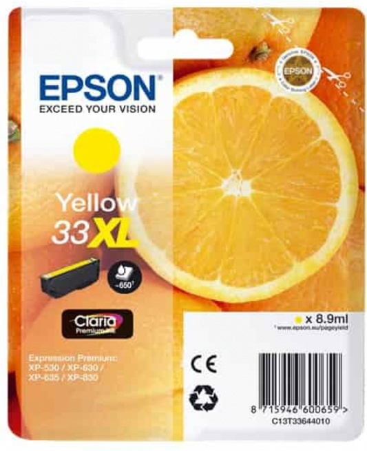 Cartouche d'encre de Marque Epson T3364 (C13T33644) (33XL) Jaune Haute Capacité (8.9ml - 650 pages) (Série orange)