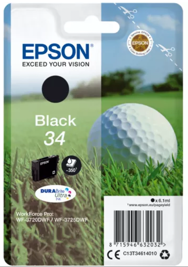 Cartouche d'encre de Marque Epson T3461 Noir (34) Durabrite Ultra (6.1ml 350 pages) (Serie balle de golf)