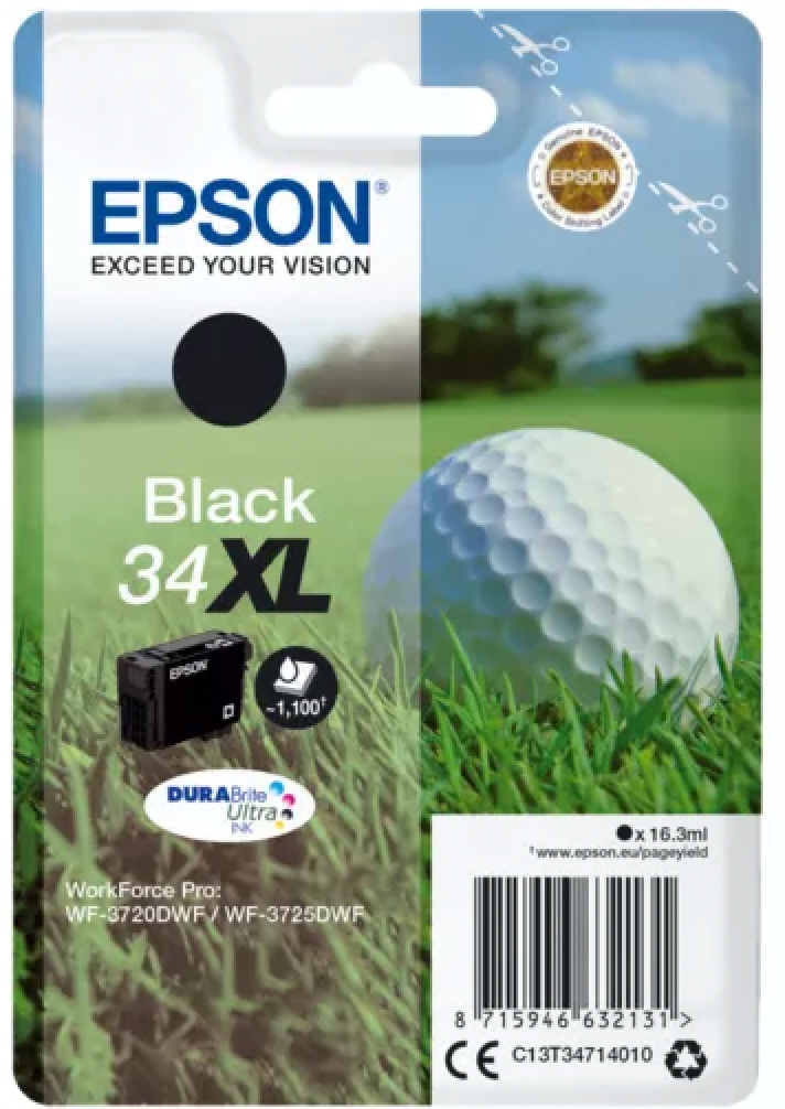 Cartouche d'encre de Marque Epson T3471 (34XL) Noir Durabrite Ultra (16.3ml -1 100 pages) (Serie balle de golf)