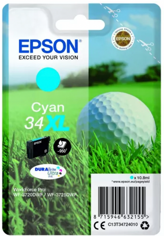 Cartouche d'encre de Marque Epson T3472 Cyan (34XL) Durabrite Ultra (10.8ml - 950 pages) (Serie balle de golf)