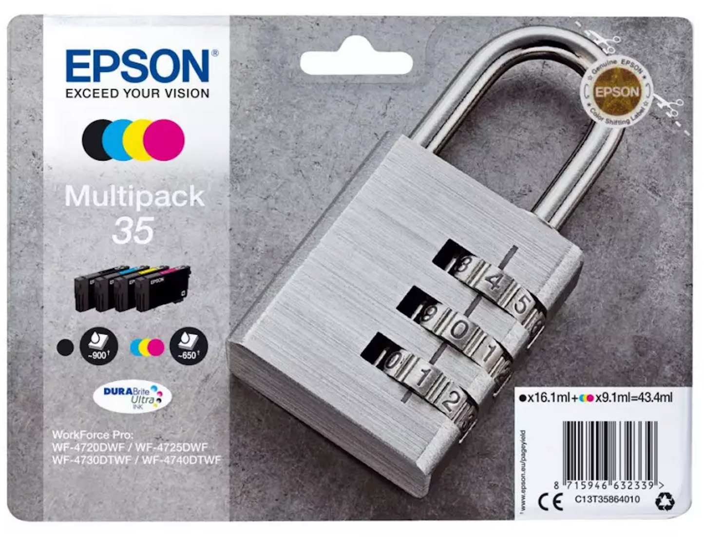 LOT de 4 Cartouches d'encre de Marque Epson T3586 (35) Durabrite Ultra (Serie cadenas) (1 Noire + 1 Cyan + 1 Magenta + 1 Jaune) (43.4ml)
