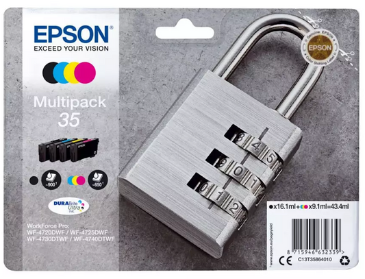 LOT de 4 Cartouches d'encre de Marque Epson T3586 (35) Durabrite Ultra (Serie cadenas) (1 Noire + 1 Cyan + 1 Magenta + 1 Jaune) (43.4ml)